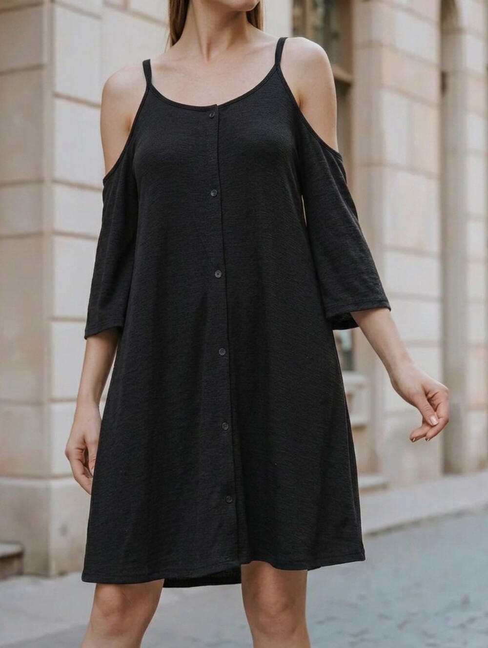 Zenana Outfitters Black Cold Shoulder Buttoned Dress Womens Size Medium Casual